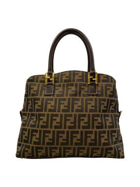 Fendi Handbag Zucca Beige Dark Brown Gold Leather